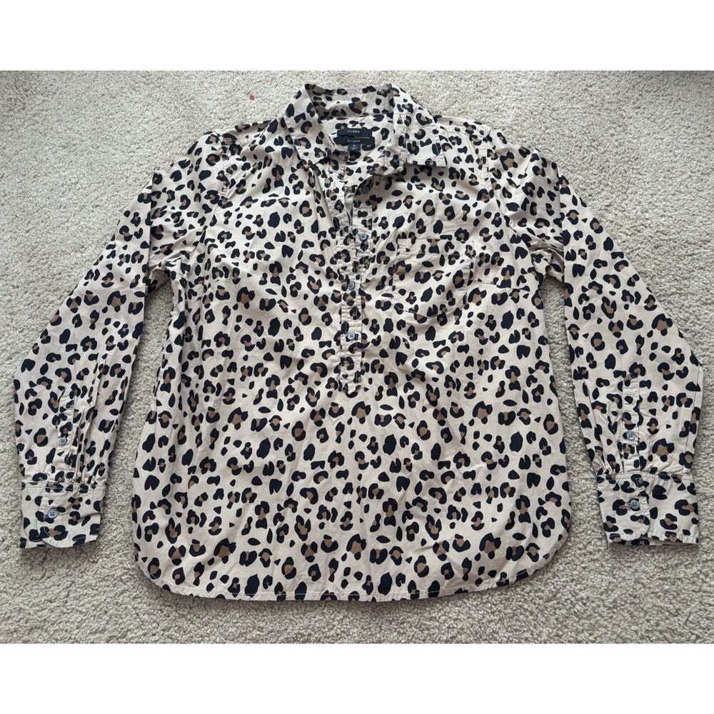 J Crew Women’s Size 8 Leopard Long Sleeve Popover Blouse Trending 100% Cotton